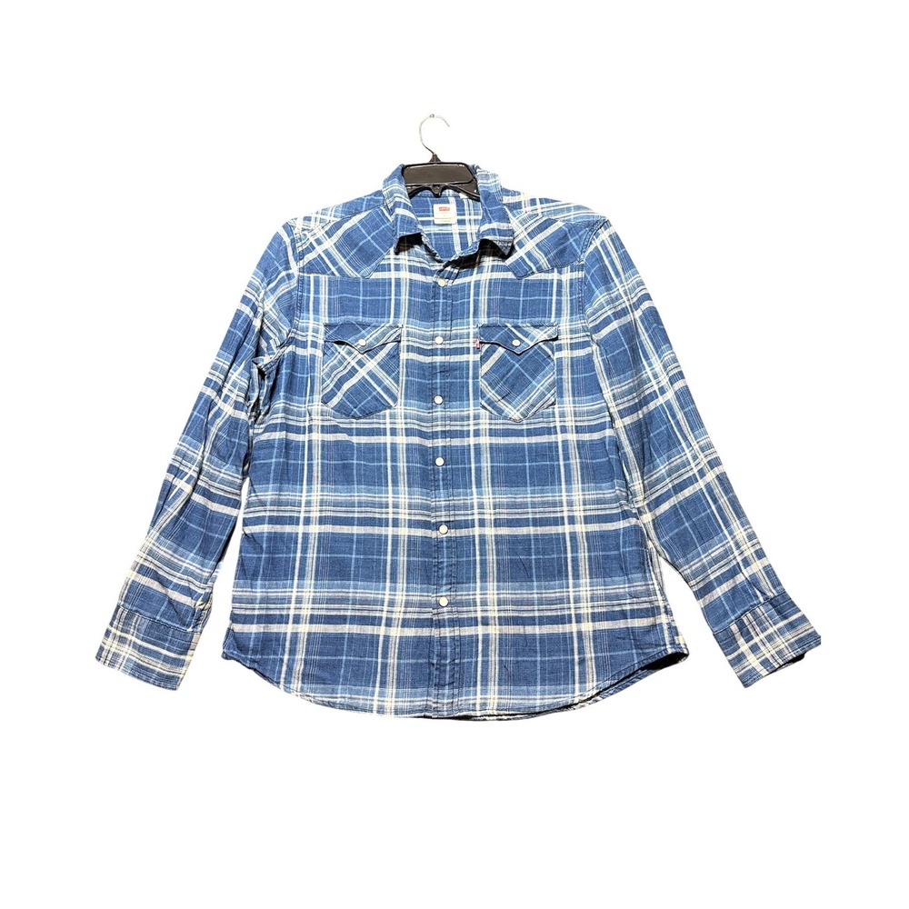 Levi's Plaid Western Shirt Women Large Blue Snap Button 85745-0166
